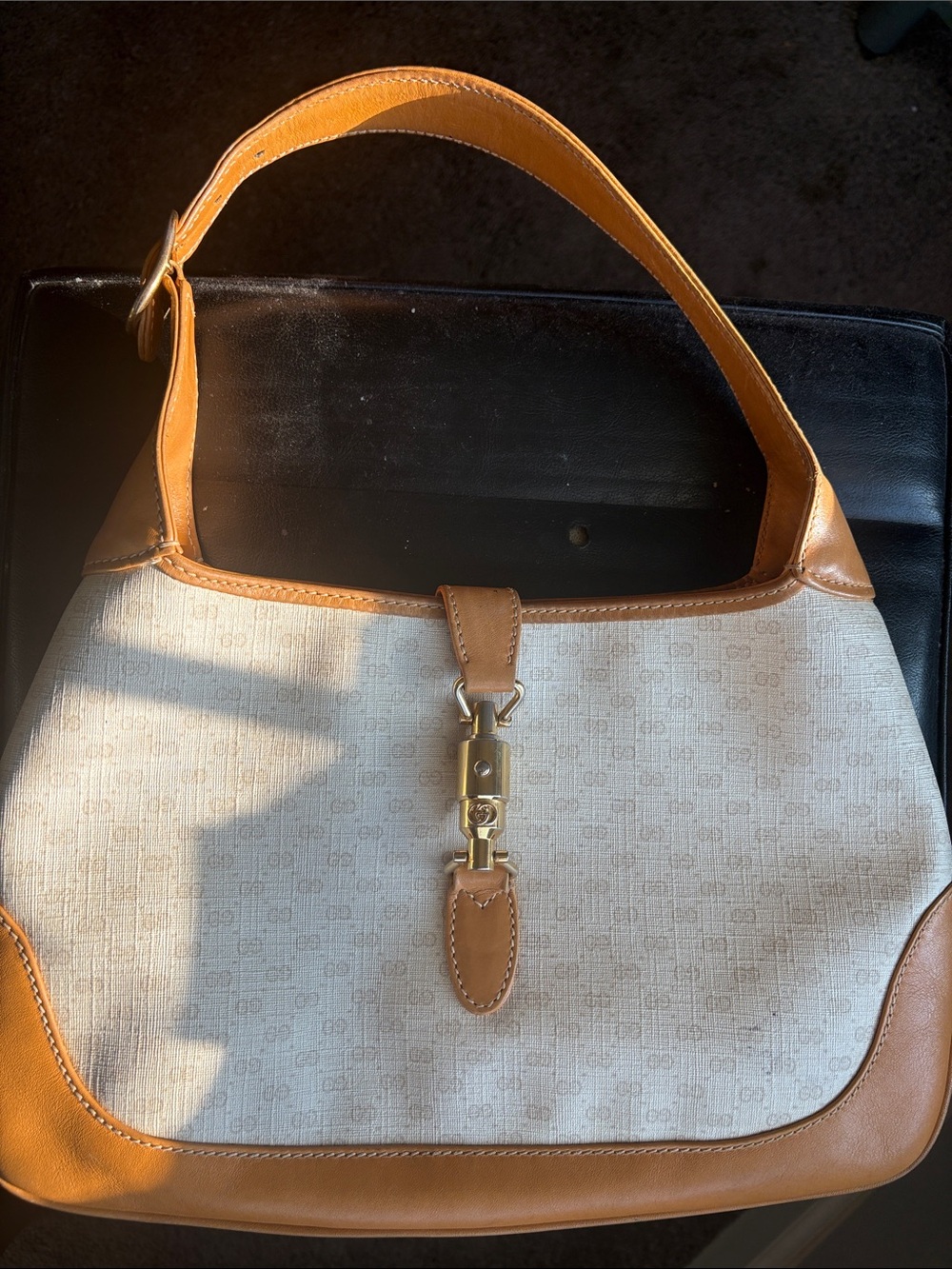 Gucci Beige Canvas and Tan Leather Shoulder Bag with Gold Hardware
